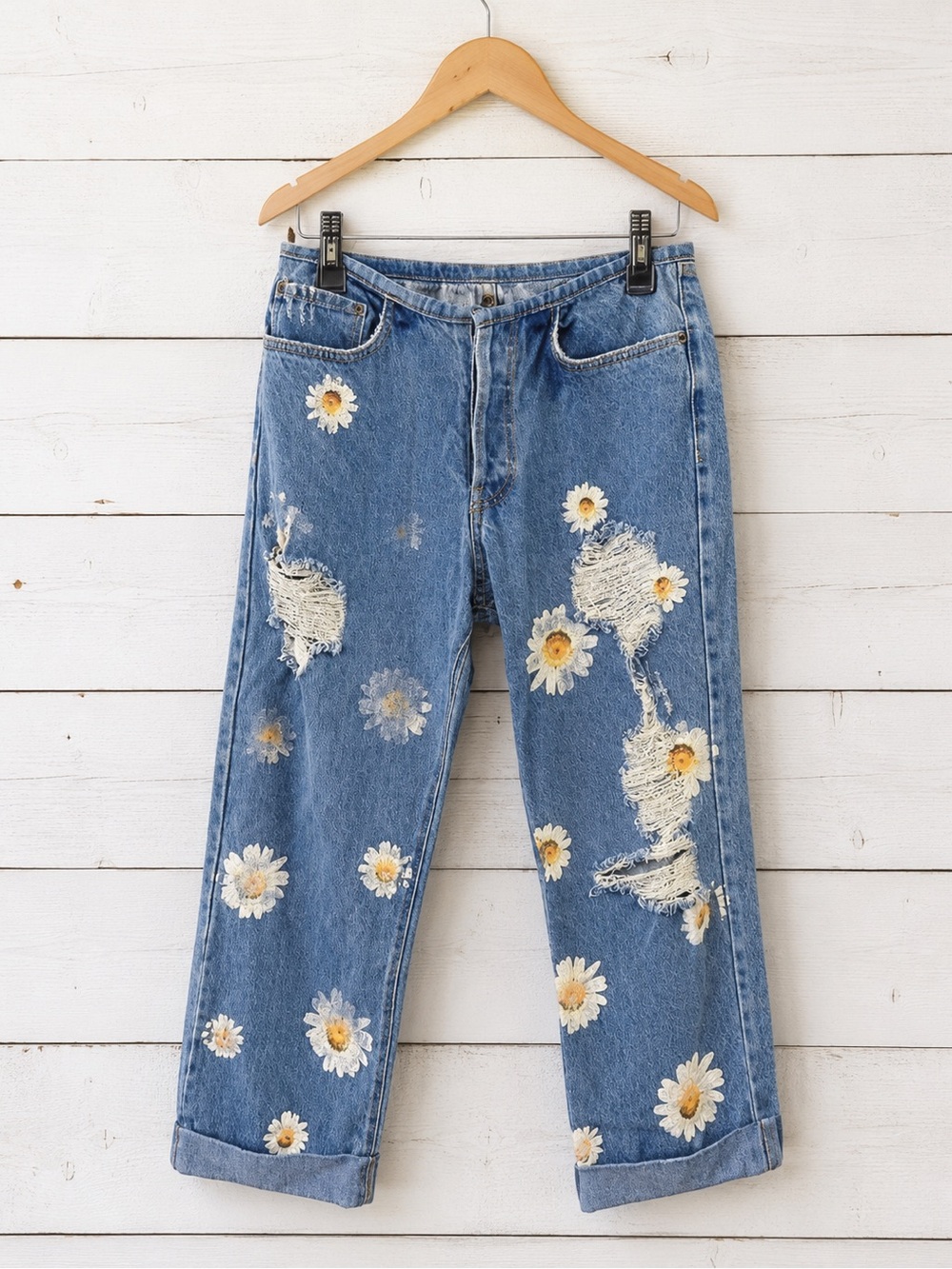 Vintage Clio Denim Distressed Hand Painted Crop Jeans Size 25 - Picture 2 of 11